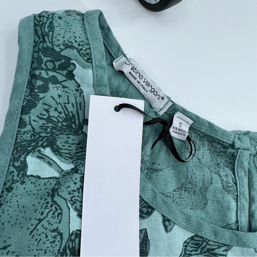 NWT Cristina Vergani Women's Floral Linen Blend Sleeveless Dress in Green Sz S - Picture 3 of 6